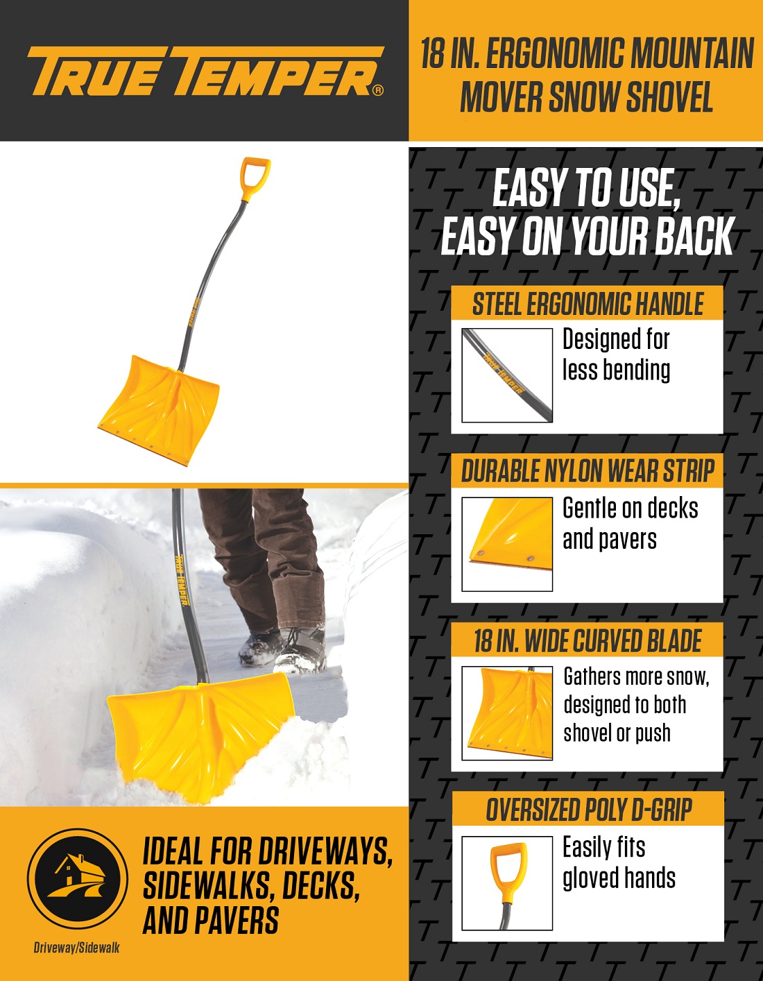 True Temper 18 in. Ergonomic Mountain Mover Snow Shovel1603400 The